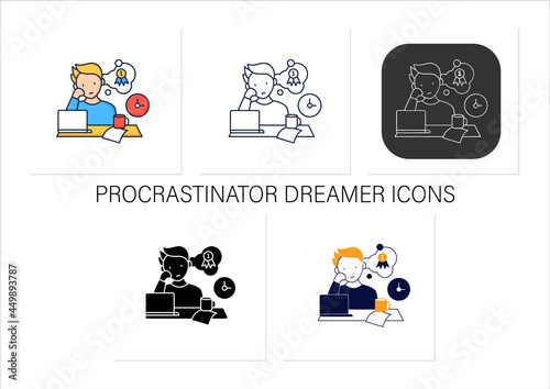Procrastinator dreamer icons set. Dream about large, unattainable goals. Do not execute scheduled targets.Collection of icons in linear, filled, color styles.Isolated vector illustrations