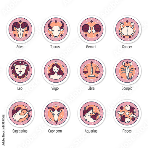 Zodiac stickers icons set. Fourth fire signs in zodiac. Birth symbols badges for designs. Mystic horoscope signs. Astrological science vector emblem