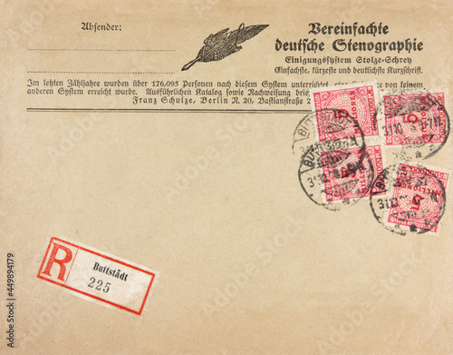 VORDERSEITE briefumschlag envelope vintage retro alt old used steno stenographie stolze schrey shorthand text beige benutzt dirt dreck 1923 schreibkurs fernkurs münchen buttstädt schreibfeder pen