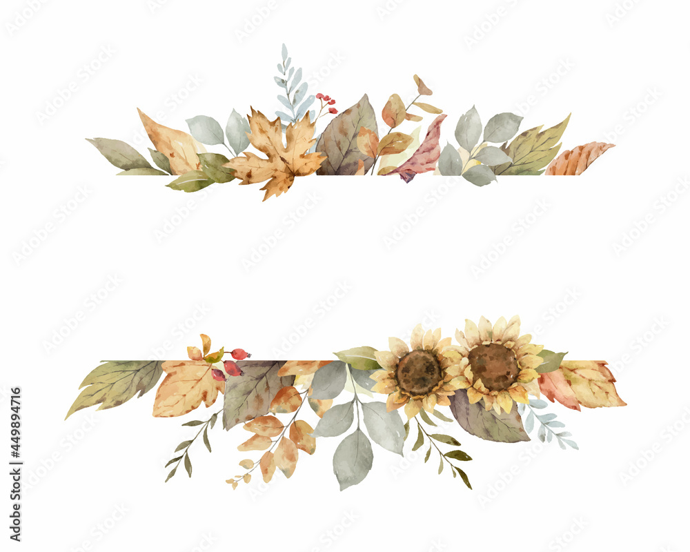 Fototapeta premium Watercolor vector autumn banner with sunflower, leaves and branches.