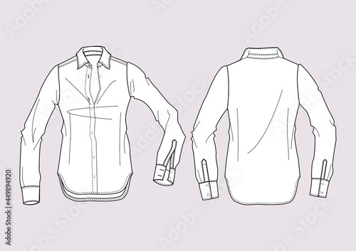 Camicia donna bottoni manica lunga disegno piatto sketch fashion illustration fronte e retro mock up vettoriale