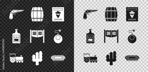 Set Revolver gun, Wooden barrel, Wanted western poster, Retro train, Cactus, Harmonica, Whiskey bottle and Saloon door icon. Vector