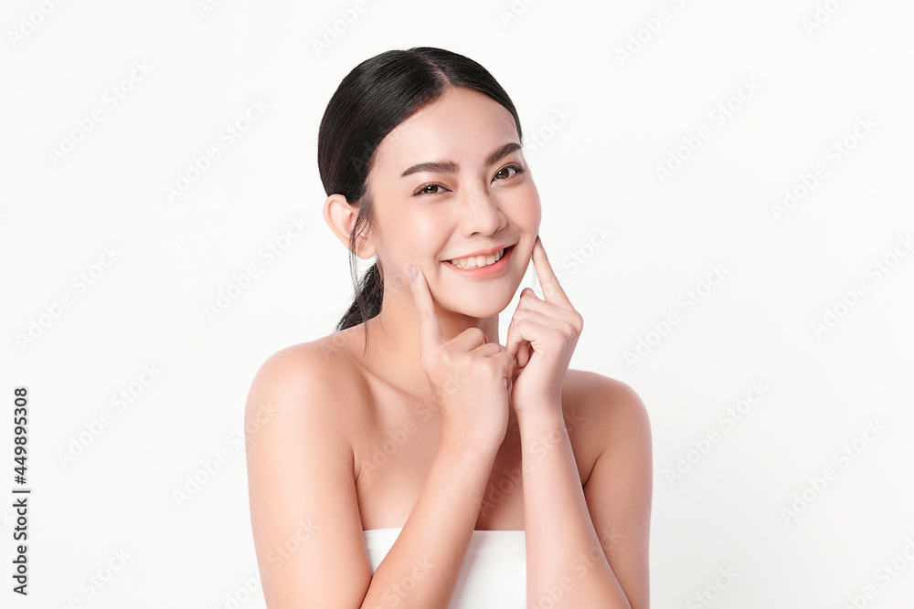 Beautiful young asian woman with clean fresh skin on white background, Face care, Facial treatment, Cosmetology, beauty and spa, Asian women portrait.