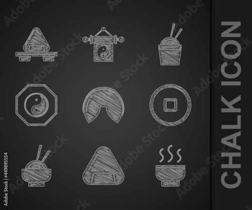 Set Chinese fortune cookie, Sushi, tea ceremony, Yuan currency, Asian noodles bowl, Yin Yang, paper box and chopsticks and cutting board icon. Vector