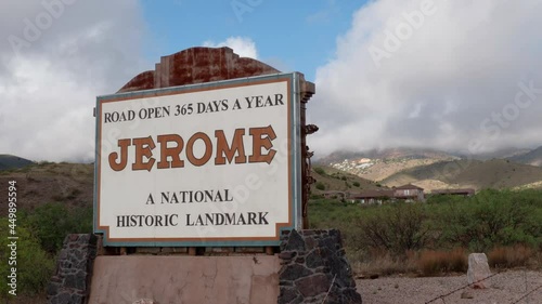 Jerome Arizona Sign with Timelapse Clouds Tight Shot photo