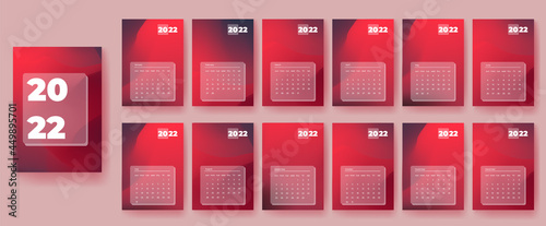 Set of month's calendars. New 2022 year. Flat modern tech design with abstract background. Template calendar.  Sunday - the first day of the week. Set of 12 Months. 
