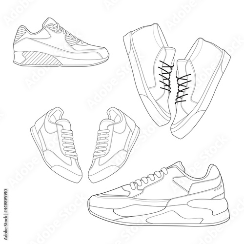 set of 4 outline Cool Sneakers. Shoes sneaker outline drawing vector, Sneakers drawn in a sketch style, sneaker trainers template outline, Set Collection. vector Illustration.