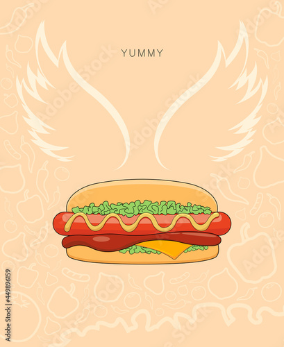 Concept “Hot dog from heaven” present with cute illustration of hot dog in comic style with angel wing. For presentations, portfolio, banners, business, T-shirt. Vector, illustration.