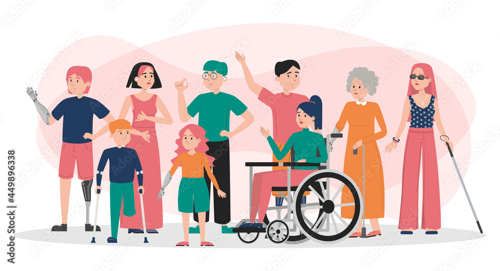 Fototapeta premium International day of persons with disabilities banner vector isolated. Handicapped people together. World day of disabled people. Lady in wheelchair, man with prosthetic arm and leg, blind woman.
