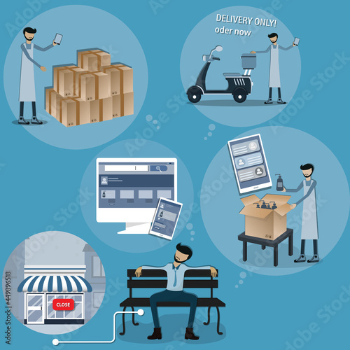 Flat of business concept,A man changed his business afterwards the crisis - vector