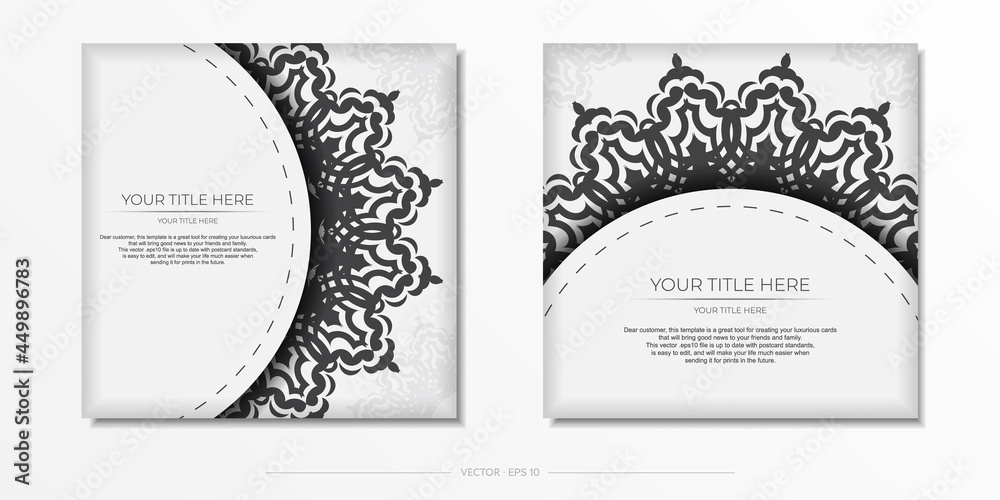 White postcard template with black patterns. Vector