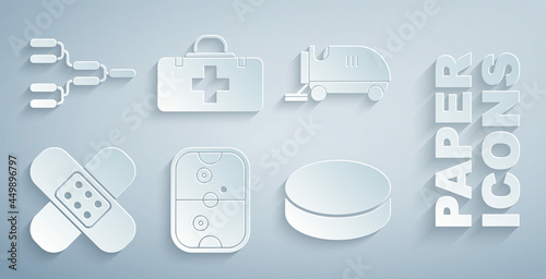 Set Air hockey table, Ice resurfacer, Crossed bandage plaster, Hockey puck, First aid kit and Championship tournament bracket icon. Vector