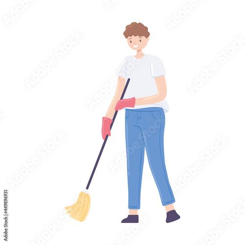 man wearing gloves mopping