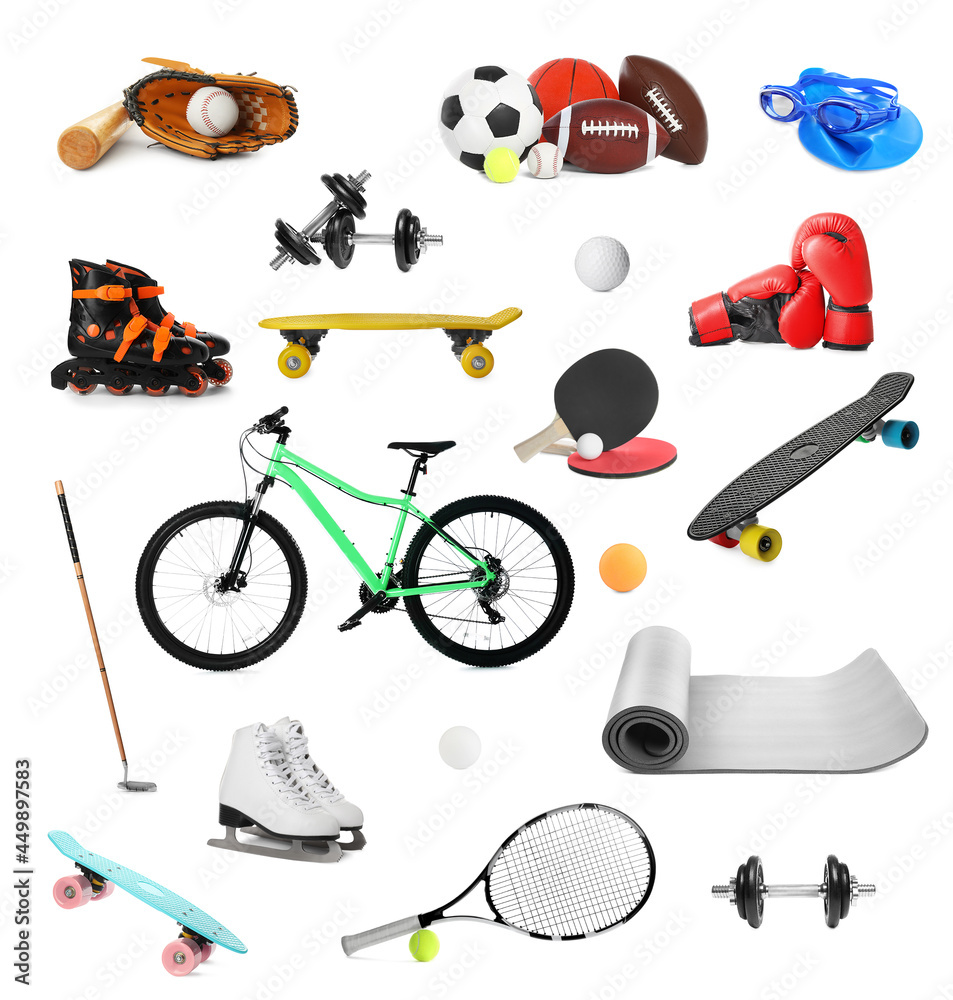Naklejka premium Set with different sports equipment on white background. Active lifestyle
