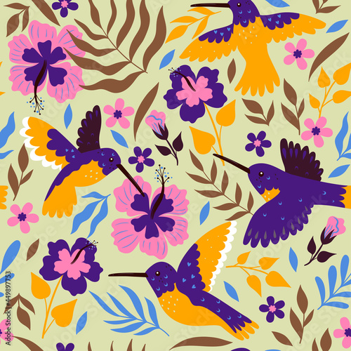 Seamless pattern with hummingbirds and hibiscus. Vector graphics.