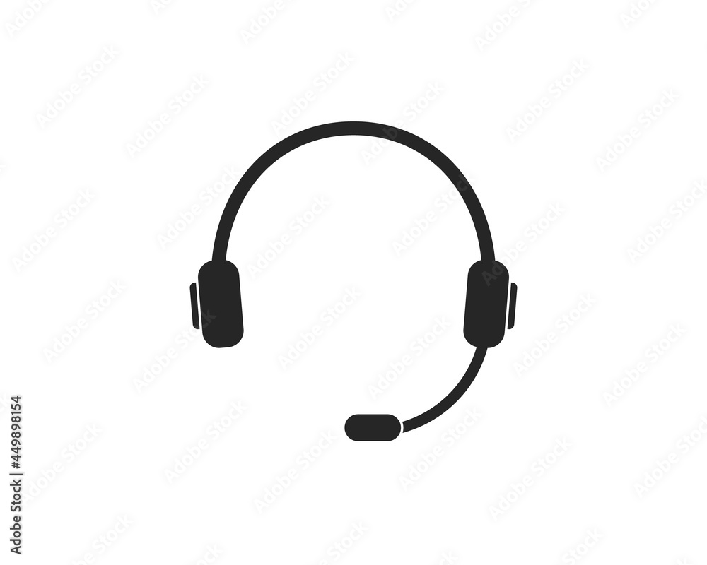 Headphone with microphone. Icon of headset for call center, support of customer. Online callcenter, service 24 7. Silhouette of earphone for listen and talk. Logo of operator and hotline. Vector Headphone with microphone. Icon of headset for call center, support of customer. Online callcenter, service 24 7. Silhouette of earphone for listen and talk. Logo of operator and hotline. Vector
