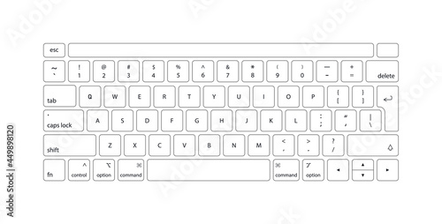 Keyboard of computer, laptop. Modern key buttons for pc. White keyboard isolated on white background. Icons of control, enter, qwerty, alphabet, numbers, shift, escape. Realistic mockup. Vector photo