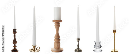 Set with different stylish candlesticks on white background, banner design