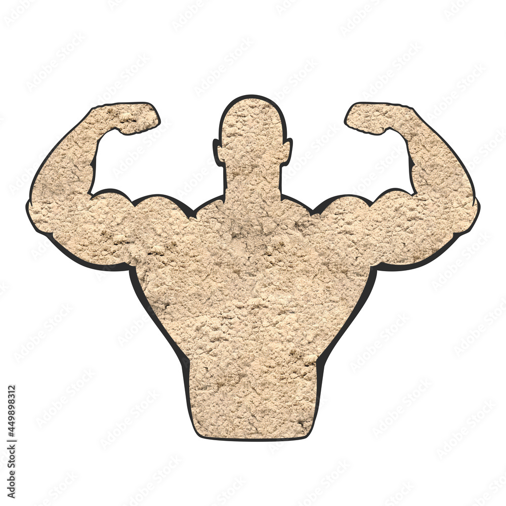 Muscular man showing biceps on white background. Silhouette of sportsman made with amino acids powder Muscular man showing biceps on white background. Silhouette of sportsman made with amino acids powder
