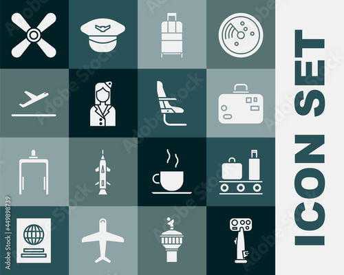 Set Aircraft steering helm, Airport conveyor belt with suitcase, Suitcase, Stewardess, Plane takeoff, propeller and Airplane seat icon. Vector