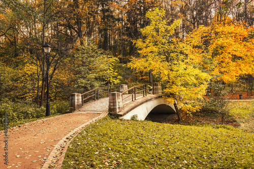 Small bridge in Tsaritsyno park on autumn day. Moscow photo