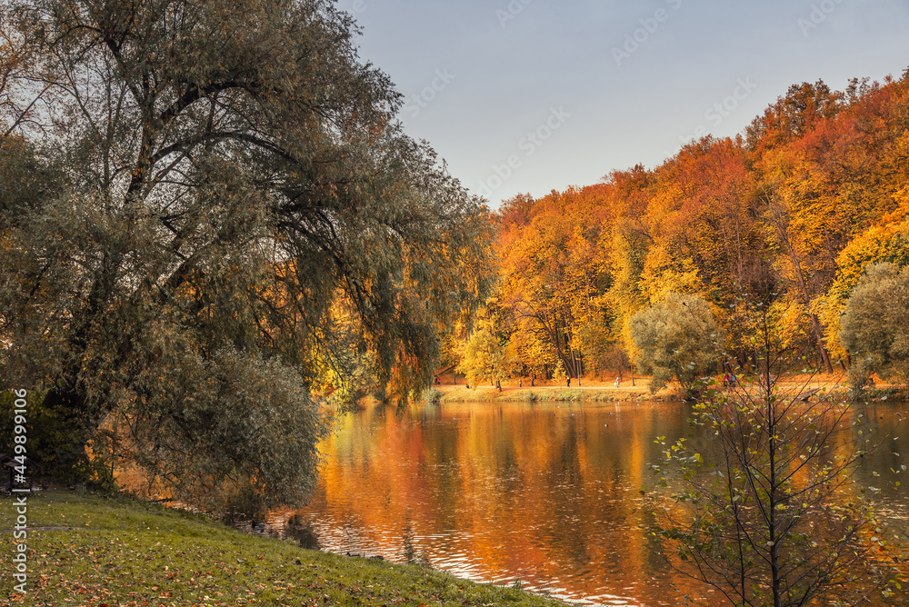 View of pond in Tsaritsyno park on autumn day. Moscow