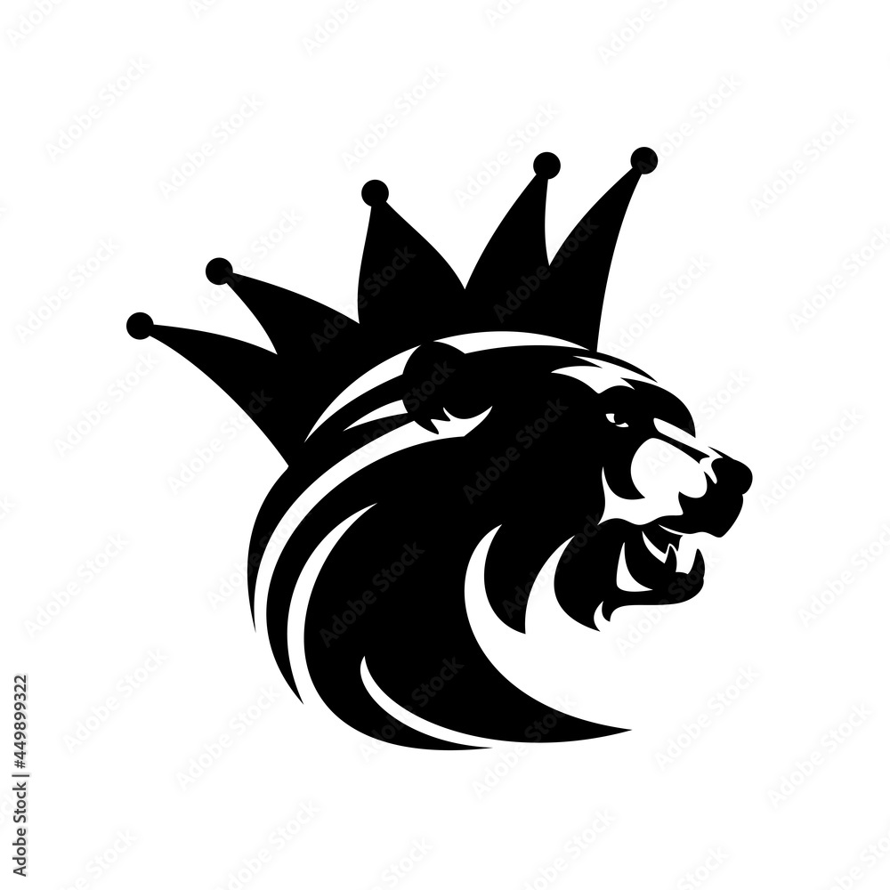 roaring bear head and royal crown - king animal black and white vector portrait design