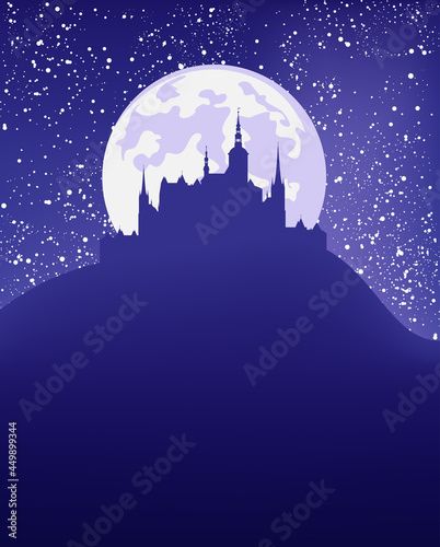 fantasy scene with night sky, full moon, shining stars and medieval castle silhouette - fairy tale vector copy space background