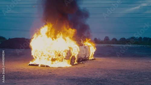 A passenger car on the street is engulfed in flames and completely burns to ashes.