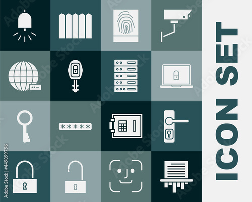 Set Paper shredder, Door handle, Laptop lock, Fingerprint, Car key with remote, Social network, Ringing alarm bell and Server, Data, Web Hosting icon. Vector