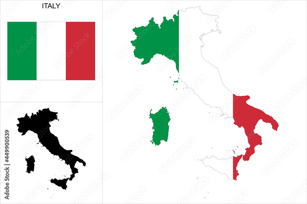 Carte d'Italie avec fond drapeau italien - Carte sous forme de motif noir et drapeau italien disponibles séparément