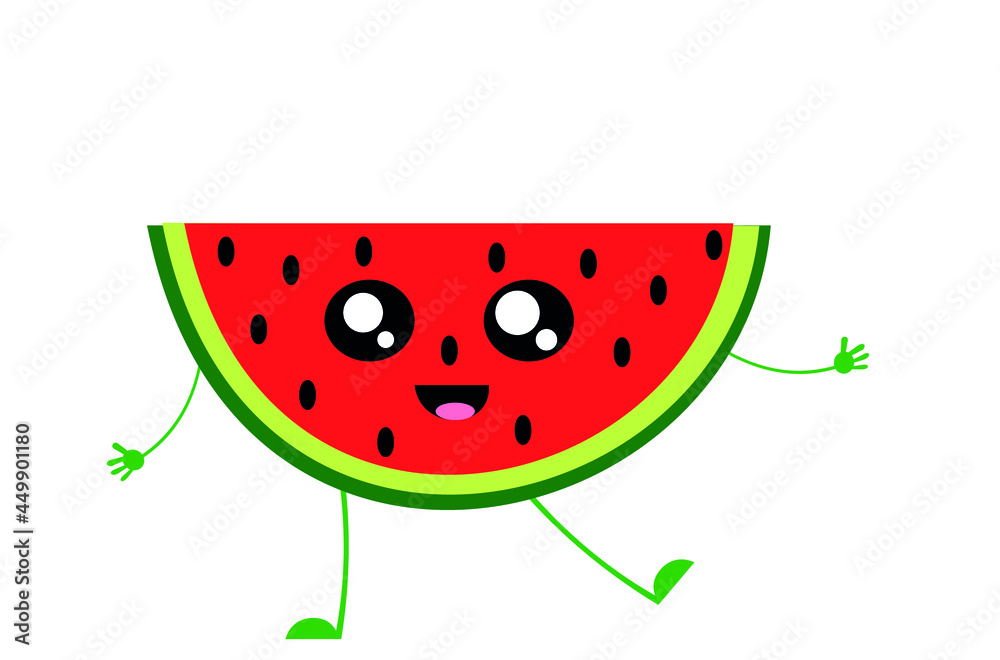 Personagem melancia feliz , ilustração em vetor isolado com fundo branco elementos vermelho, verde e preto . Personagem melancia feliz , ilustração em vetor isolado com fundo branco elementos vermelho, verde e preto .