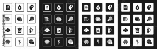 Set Head and electric symbol, Earth globe leaf, Recycle bin with recycle, Paper, Hand holding, Water energy, Recycling plastic bottle and Cloud rain icon. Vector
