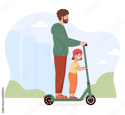 Young active man rides a scooter with a child. Father spends time with daughter. Alternative modern eco urban transport, healthy lifestyle. Flat vector illustration isolated on white background 