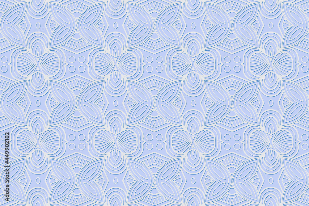 Geometric volumetric convex 3D white pattern. Embossed original blue background in traditional oriental, Indian style.Texture with ethnic ornament. Arabesque for design and decoration.
Geometric volumetric convex 3D white pattern. Embossed original blue background in traditional oriental, Indian style.Texture with ethnic ornament. Arabesque for design and decoration.