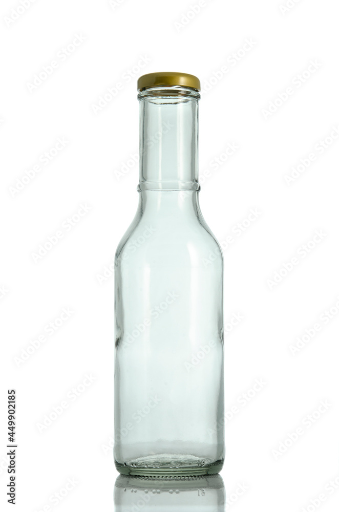 Clear Glass Bottle With gold Lid isolated on white background Suitable for Mockup creative graphic design Clear Glass Bottle With gold Lid isolated on white background Suitable for Mockup creative graphic design
