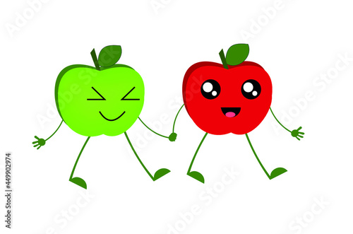 Personagem casal de maçãs caminhando . Ilustração em vetor na cor predominante vermelho e verde com fundo branco.