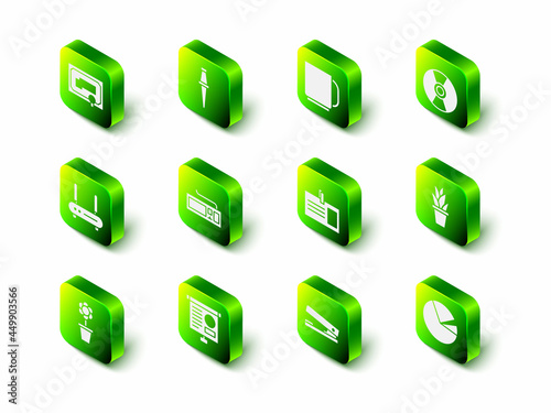 Set Push pin, Coffee cup, CD or DVD disk, Plant pot, Pie chart infographic, Identification badge, Office stapler and Chalkboard with diagram icon. Vector