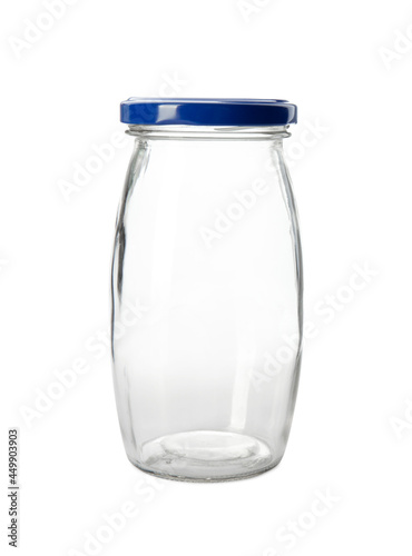 Empty glass jar isolated on white background. Kitchen utensil concept