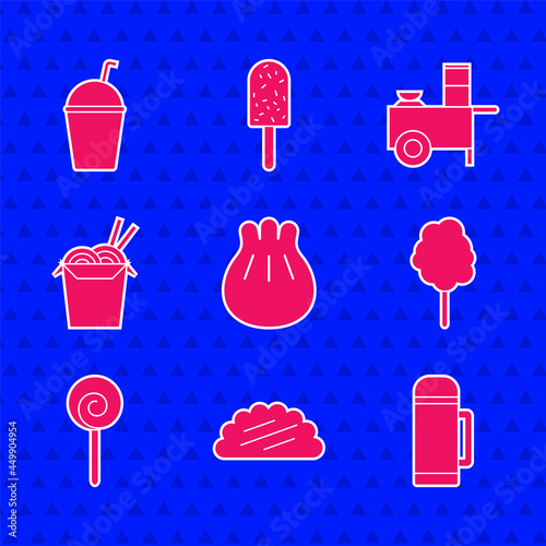 Set Khinkali on cutting board, Taco with tortilla, Thermos container, Cotton candy, Lollipop, Asian noodles chopsticks, Fast street food cart and Milkshake icon. Vector