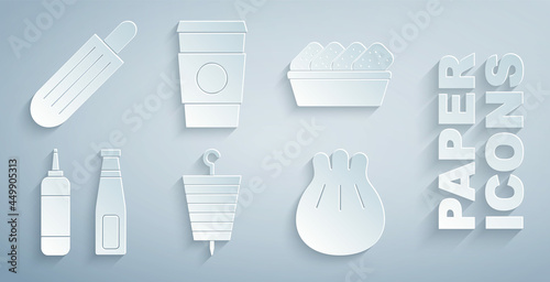 Set Grilled shish kebab, Chicken nuggets in box, Sauce bottle, Khinkali on cutting board, Coffee cup to go and French hot dog icon. Vector