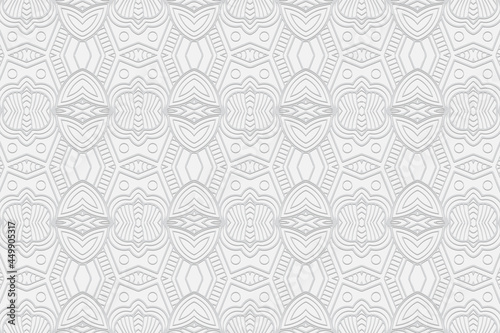 3d volumetric convex embossed geometric white background. Handmade pattern. Ethnic oriental, Asian, Indonesian ornament, unique arabesque for design and decoration.