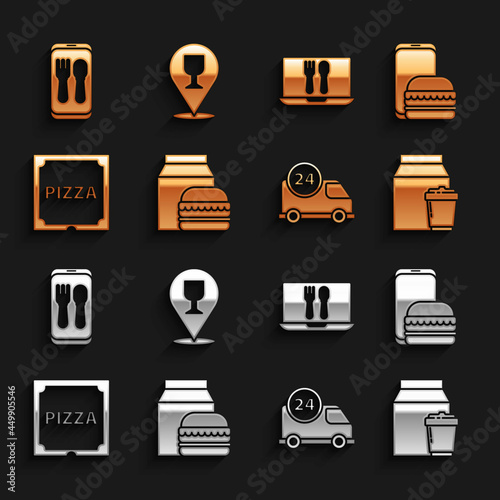 Set Online ordering and burger delivery, Fast by car, Pizza cardboard box, and Alcohol beer bar location icon. Vector