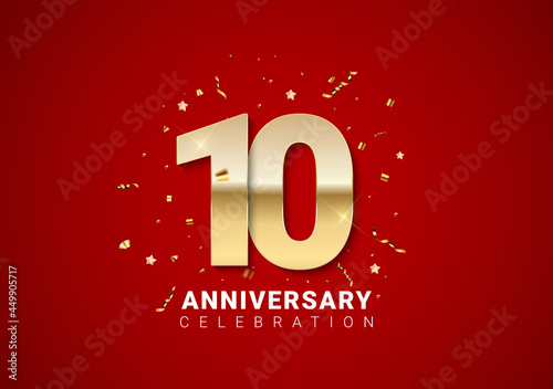 Fotografija 10 anniversary background with golden numbers, confetti, stars on bright red holiday background