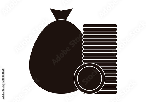 Icono negro de saco y monedas en fondo blanco.