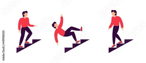set of pictograms people on the stairs, icons man climbs and descends the stairs, isolated vector illustration