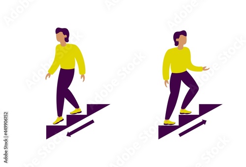 moving up and down stairs, man walking stairs , depicting ladder direction