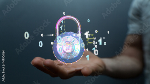 Fotografia Information technology protected with firewall, secure access and encryption aga