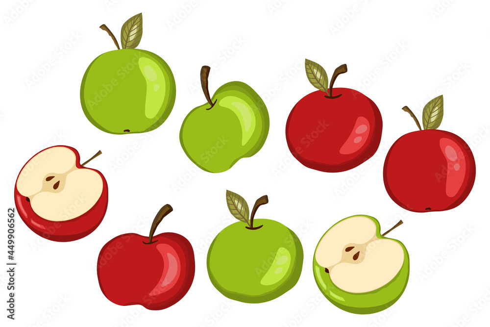 Apple icon set isolated on white background. Natural delicious ripe tasty fruit. Template vector illustration for packaging, banner. Stylized green, red apples with leaves, apple slice. Food concept Apple icon set isolated on white background. Natural delicious ripe tasty fruit. Template vector illustration for packaging, banner. Stylized green, red apples with leaves, apple slice. Food concept