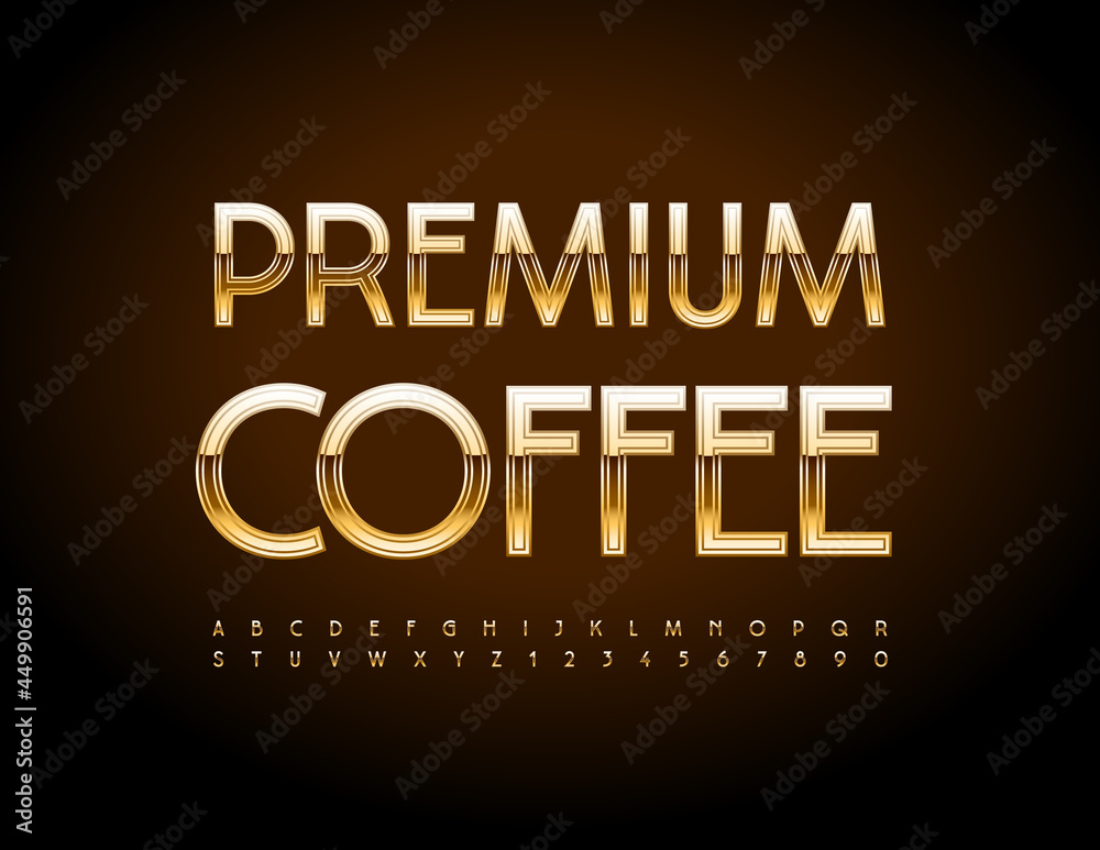 Vector luxury badge Premium Coffee. Stylish elite Font. Elegant Gold Alphabet Letters and Numbers